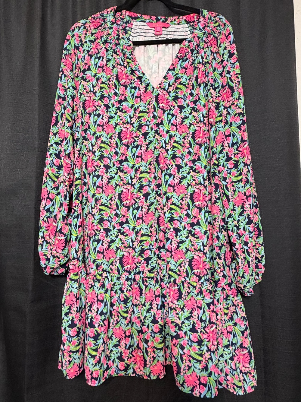 Lilly Pulitzer Floral V-Neck Long Sleeve Tiered Dress in Pink and Navy
